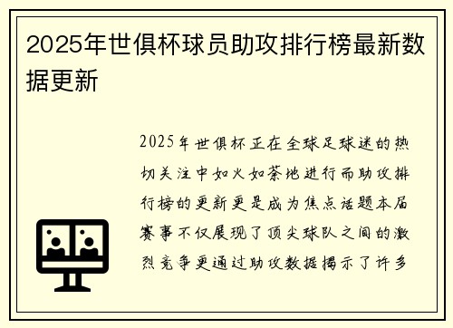 2025年世俱杯球员助攻排行榜最新数据更新